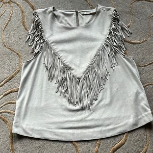Zara | Fringe Faux Suede Gray Silver Top XS